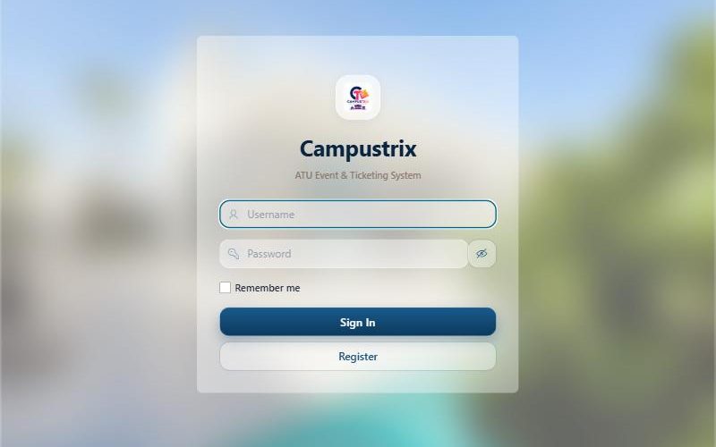 Campustrix sign-in screen for the ATU Event and Ticketing System