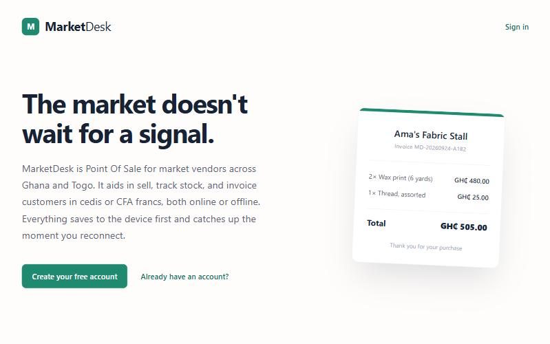 MarketDesk landing page showing a sample invoice from Ama's Fabric Stall