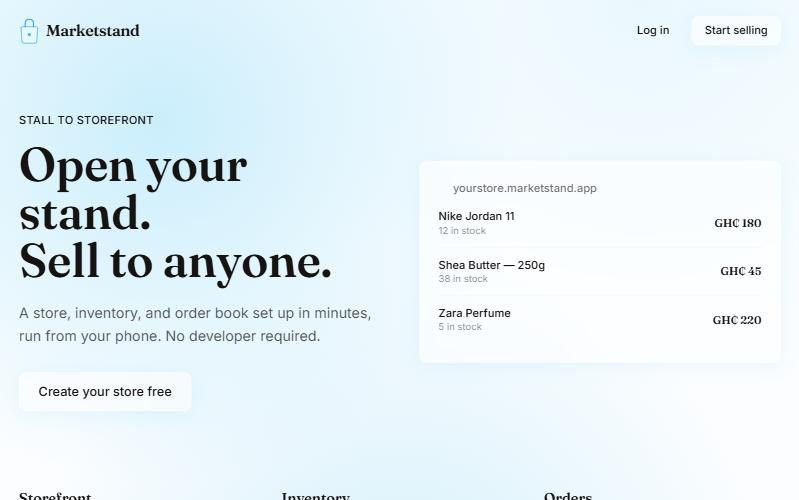 Marketstand landing page with a sample storefront listing products in cedis